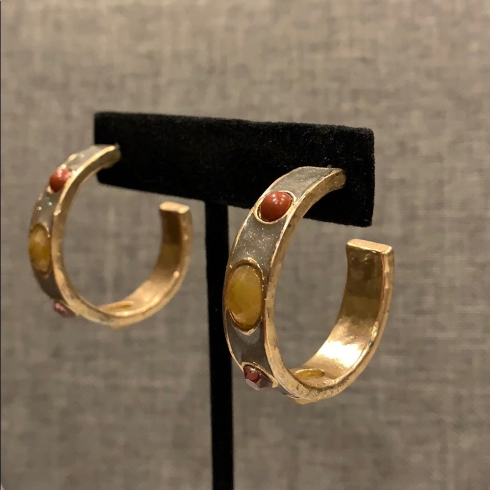 Vintage Enamel Stone Crystal Gold Hoop Earrings